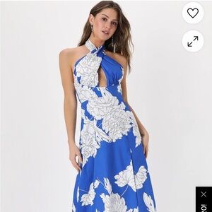 Impressive Icon Blue Floral Halter Midi Dress Lulus Small